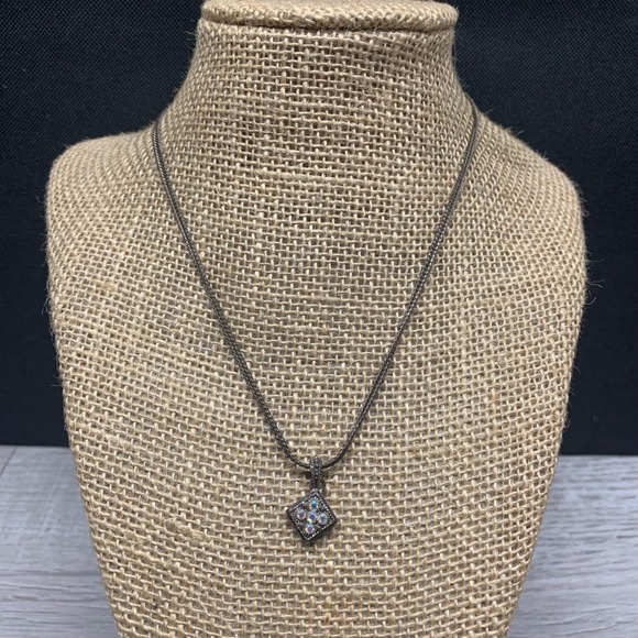 Napier Jewelry - Napier Gunmetal Double Strand Necklace Square Aurora Borealis Rhinestone Pendant
